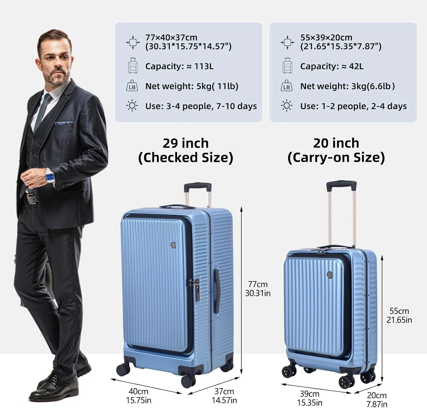 29 Inch Aluminum Checked Luggage with Side Opening Zipper, 40 * 37 * 77cm, 113L, Lightweight Hardshell ABS PC Suitcase with TSA Lock, 360° Universal Wheels, Dark Blue