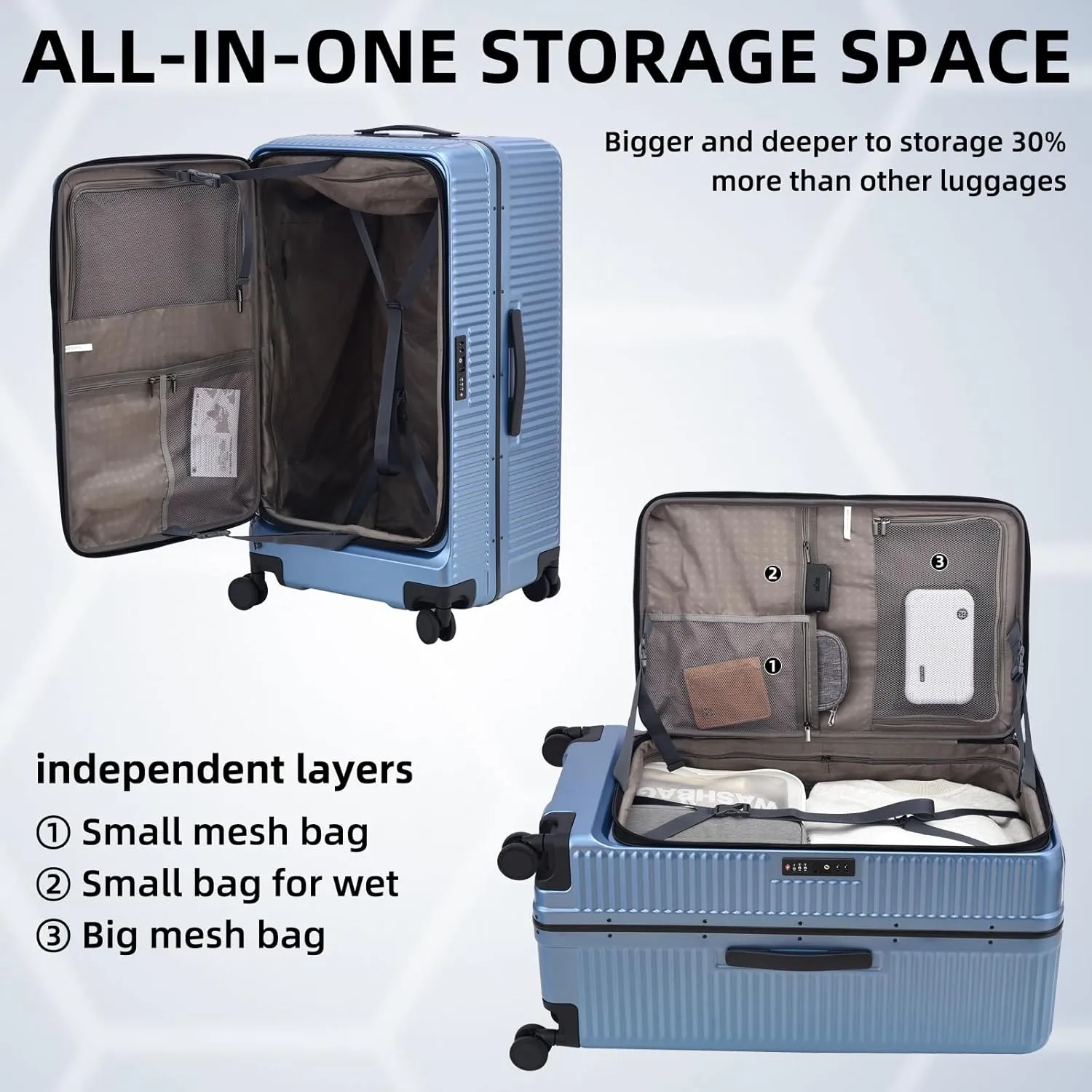 29 Inch Aluminum Checked Luggage with Side Opening Zipper, 40 * 37 * 77cm, 113L, Lightweight Hardshell ABS PC Suitcase with TSA Lock, 360° Universal Wheels, Dark Blue