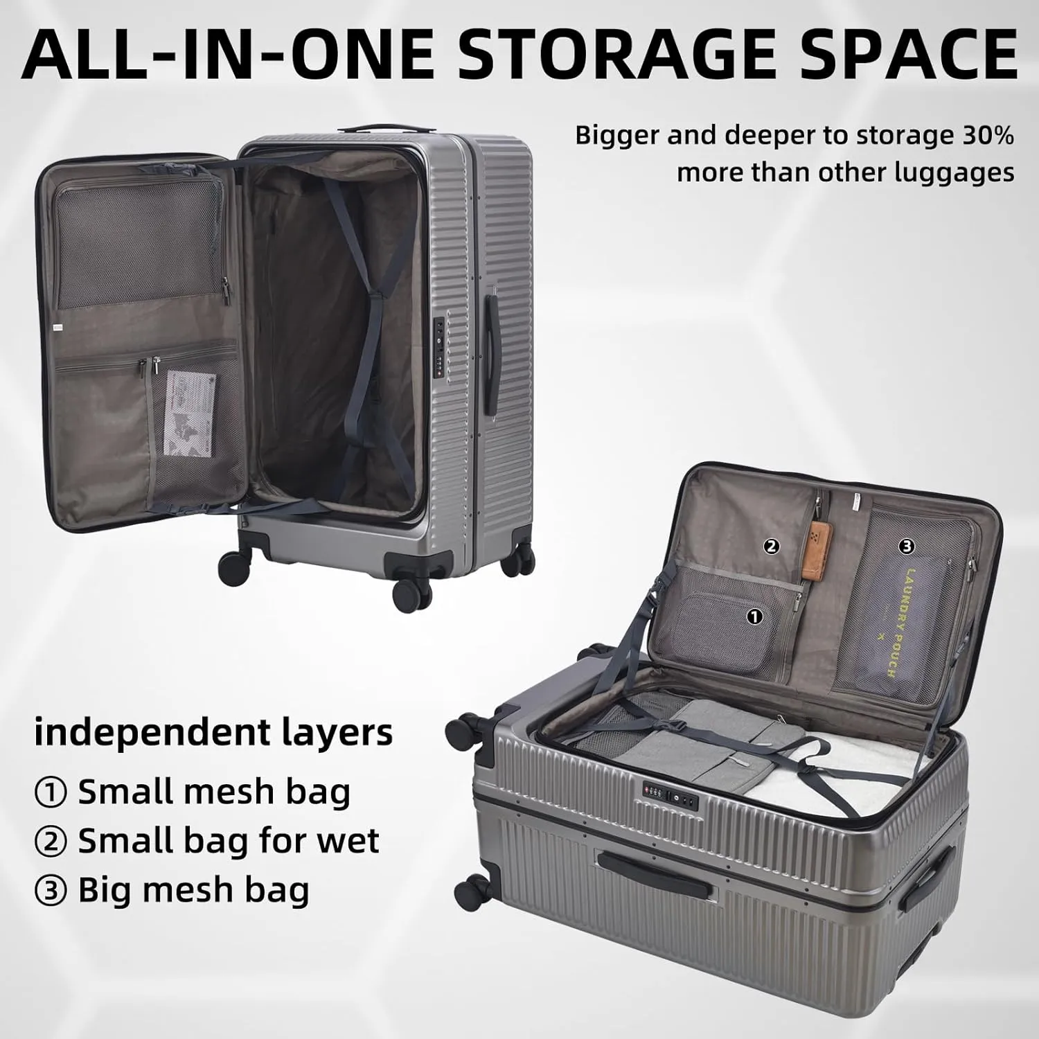 29 Inch Aluminum Checked Luggage with Side Opening Zipper, 40 * 37 * 77cm, 113L, Lightweight Hardshell ABS PC Suitcase with TSA Lock, 360° Universal Wheels, Dark Gray