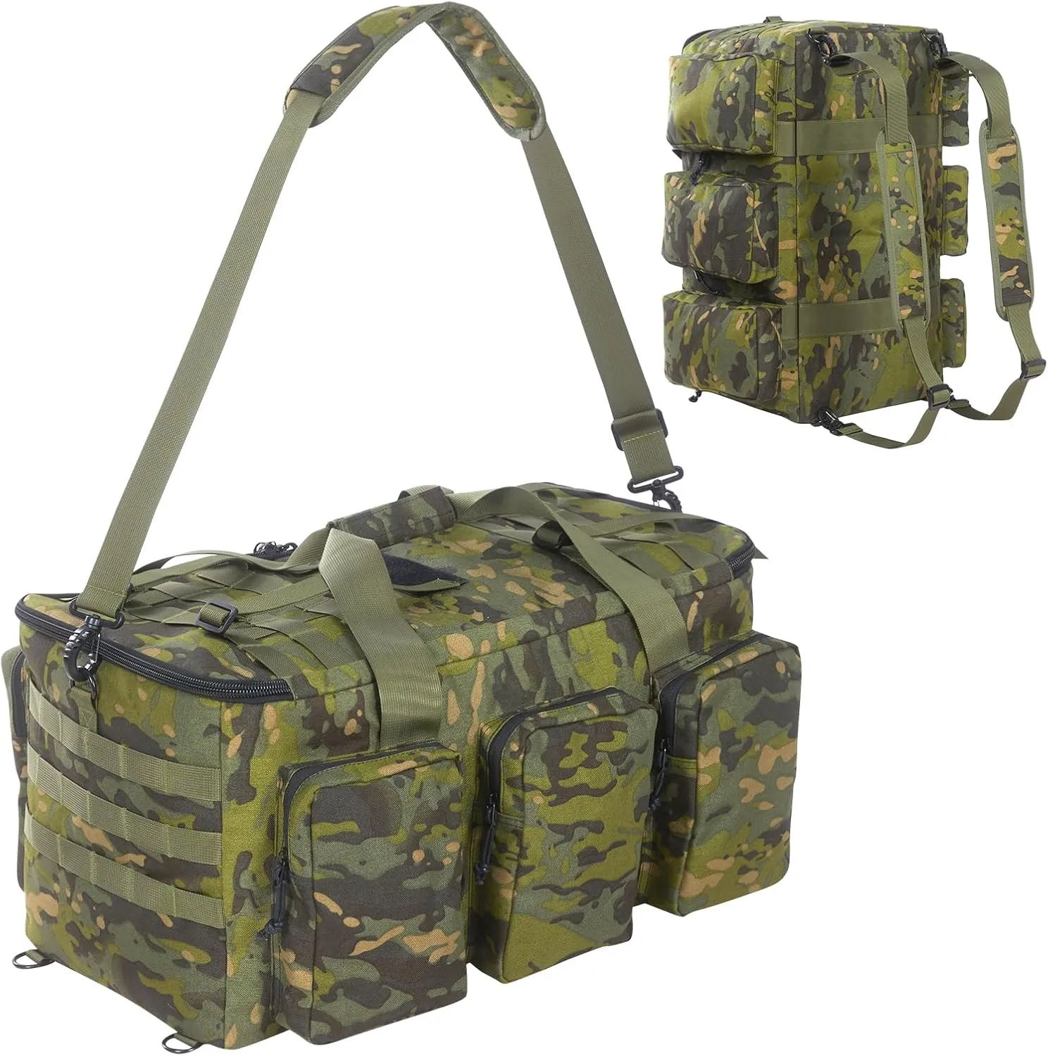 55L Tactical Military Duffle Bag with Compartments and Straps for Men, Large Size Sports Gym Duffel Bag for Weekender Travel Camping (Camo Green)