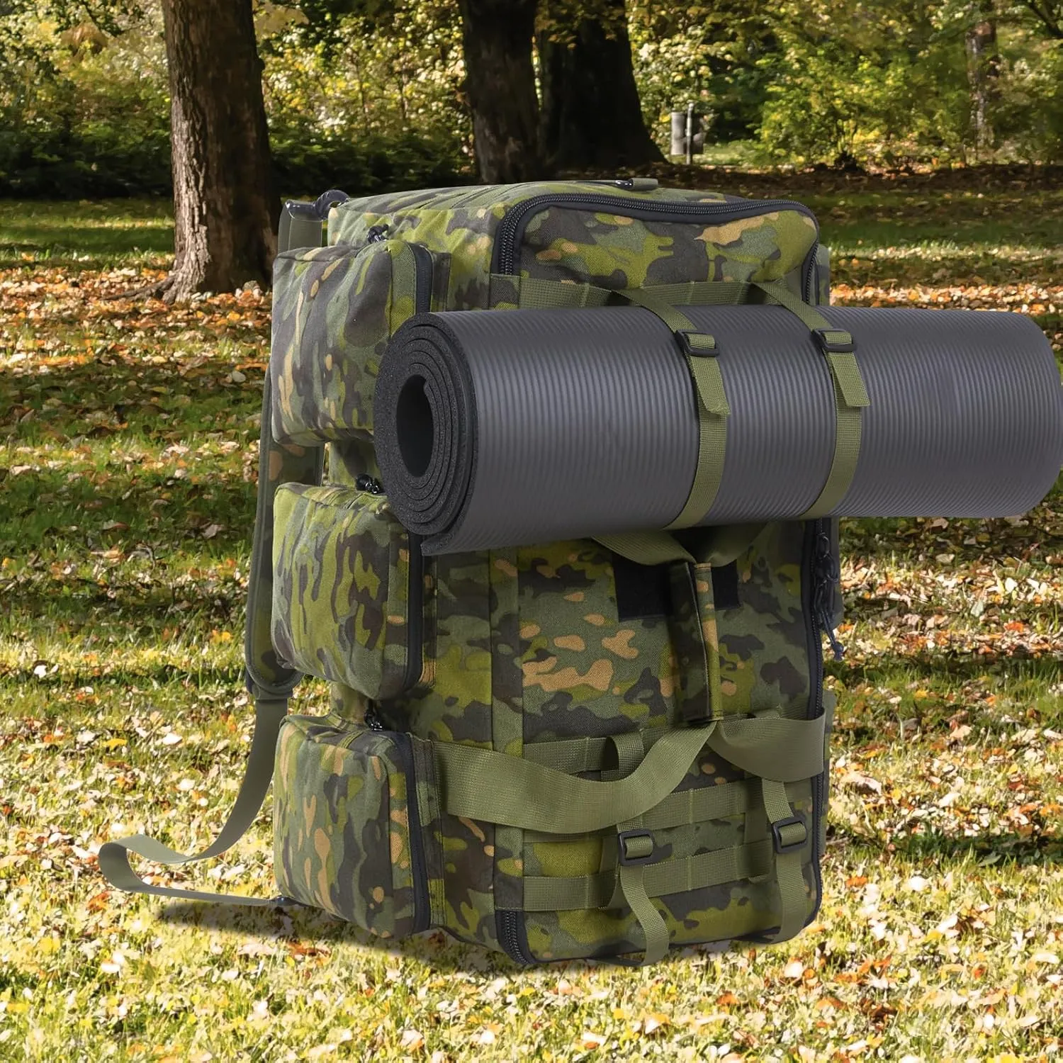 55L Tactical Military Duffle Bag with Compartments and Straps for Men, Large Size Sports Gym Duffel Bag for Weekender Travel Camping (Camo Green)