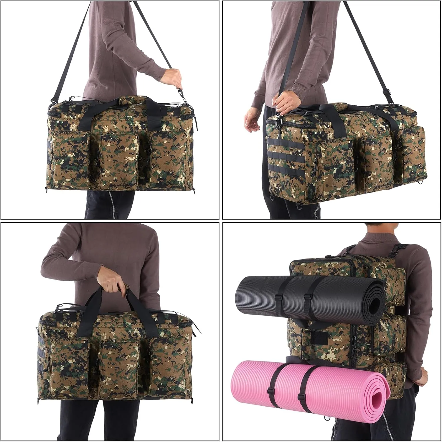 55L Tactical Military Duffle Bag with Compartments and Straps for Men, Large Size Sports Gym Duffel Bag for Weekender Travel Camping (Camo Tan)