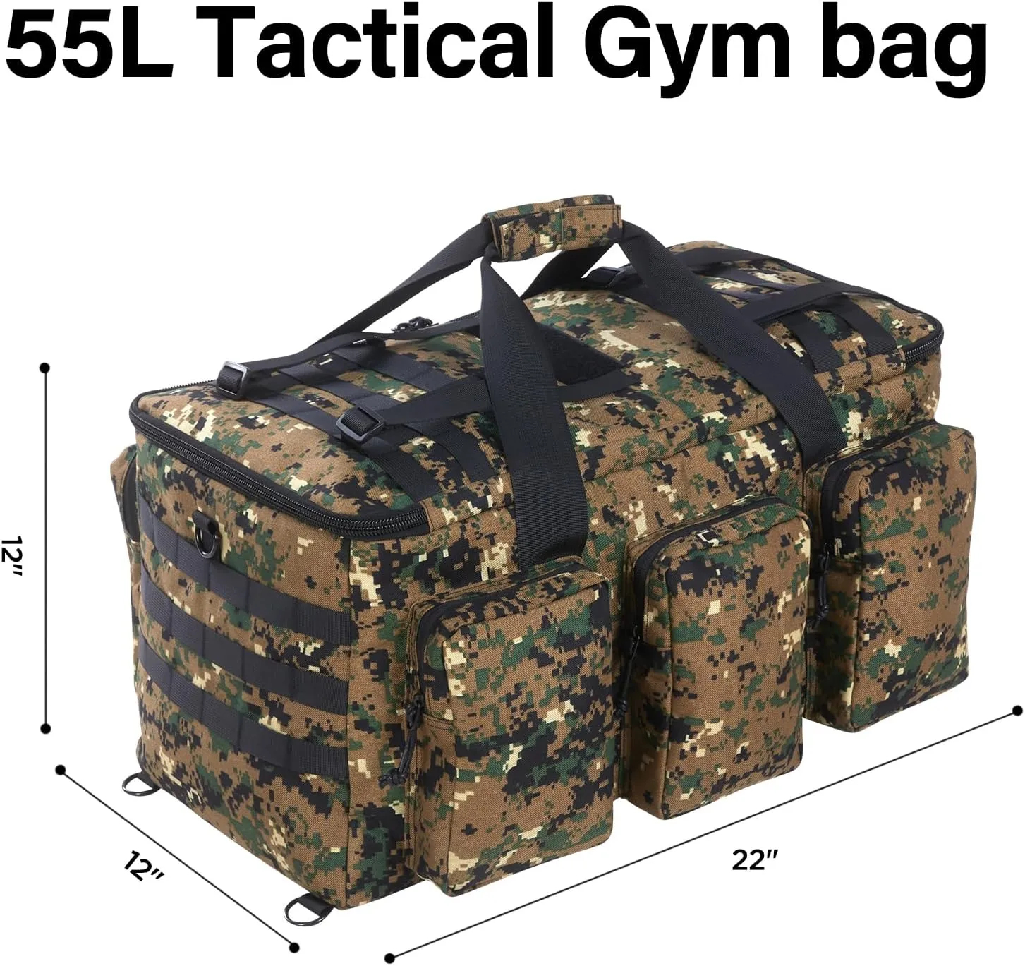 55L Tactical Military Duffle Bag with Compartments and Straps for Men, Large Size Sports Gym Duffel Bag for Weekender Travel Camping (Camo Tan)