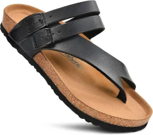 AEROTHOTIC Womens Strappy Slip-On Modern Memory Foam Cushion Footbed Outdoor Adjustable Buckle Cork Footbed Slides for Sandals with Comfortable Arch Support