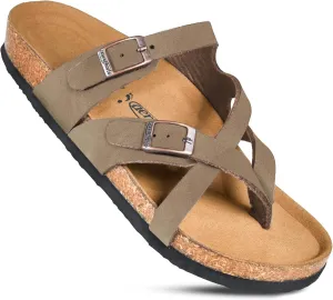 AEROTHOTIC Womens Strappy Slip-On Modern Memory Foam Cushion Footbed Outdoor Adjustable Buckle Cork Footbed Slides for Sandals with Comfortable Arch Support