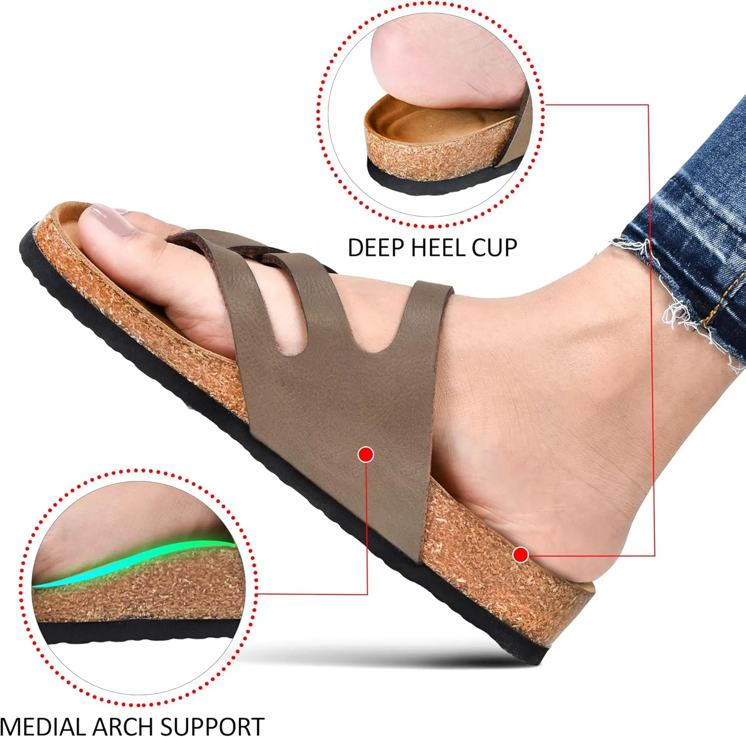 AEROTHOTIC Womens Strappy Slip-On Modern Memory Foam Cushion Footbed Outdoor Adjustable Buckle Cork Footbed Slides for Sandals with Comfortable Arch Support