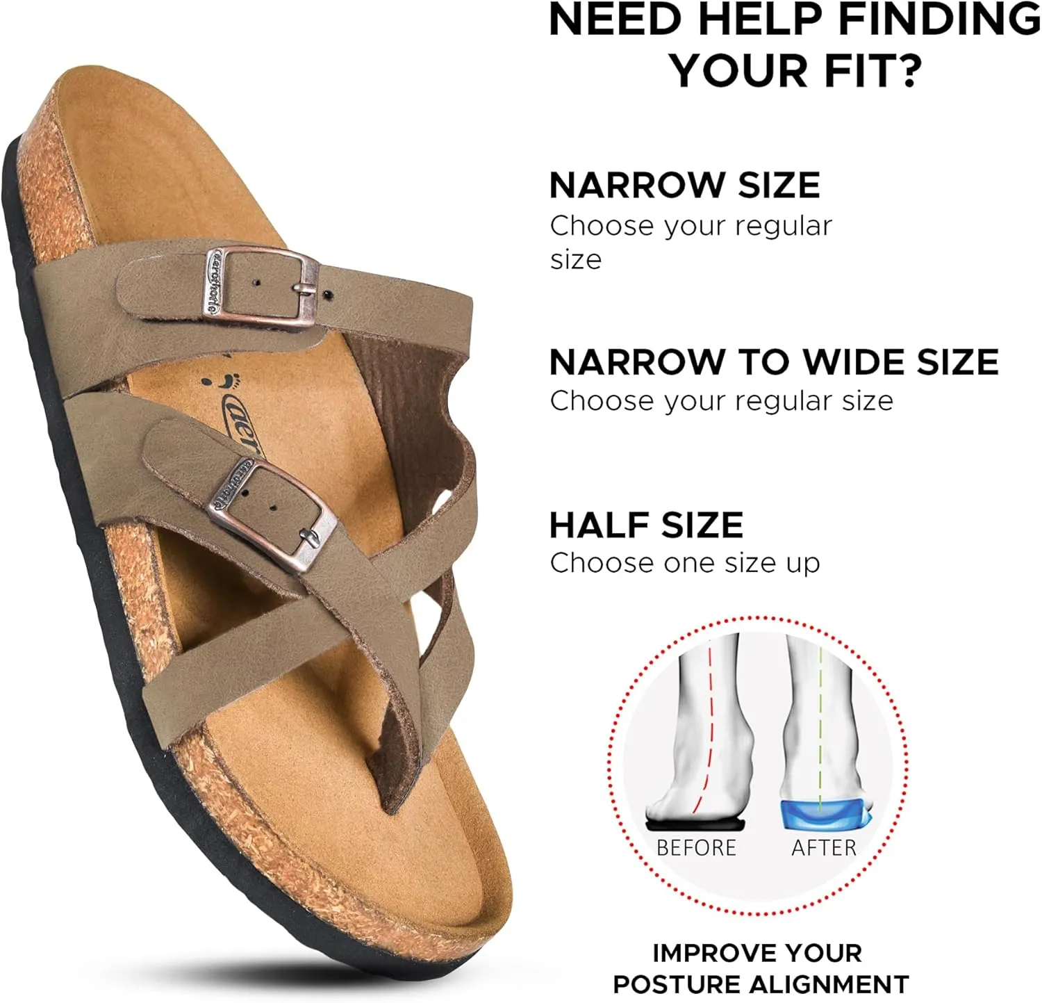 AEROTHOTIC Womens Strappy Slip-On Modern Memory Foam Cushion Footbed Outdoor Adjustable Buckle Cork Footbed Slides for Sandals with Comfortable Arch Support