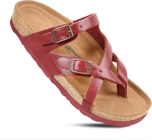 AEROTHOTIC Womens Strappy Slip-On Modern Memory Foam Cushion Footbed Outdoor Adjustable Buckle Cork Footbed Slides for Sandals with Comfortable Arch Support