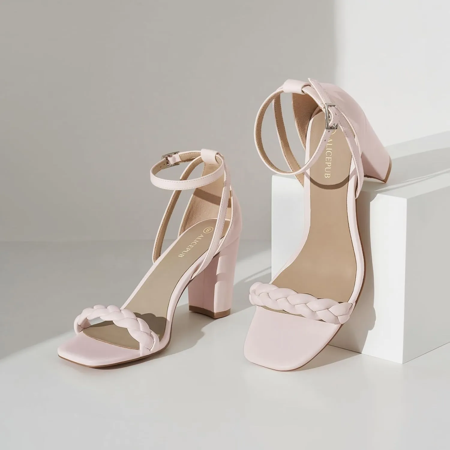 ALICEPUB Women's Braided Heeled Sandals 3 inch Chunky Block Heels Strappy Heels Square Open Toe Heels for Women Wedding Party Dressy