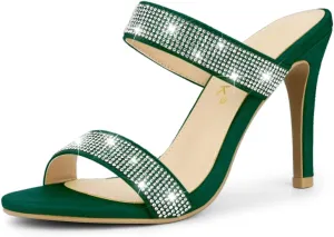 Allegra K Women's Open Toe Stiletto Heel Rhinestone Mules Emerald Green Sandals 9 M US