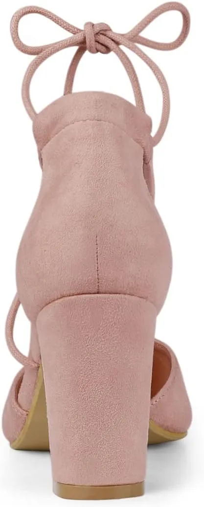 Allegra K Women's Pointed Toe Chunky Heels Lace Up Sandals Pumps