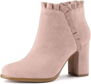 Allegra K Women's Ruffle Block Heel Ankle Boots
