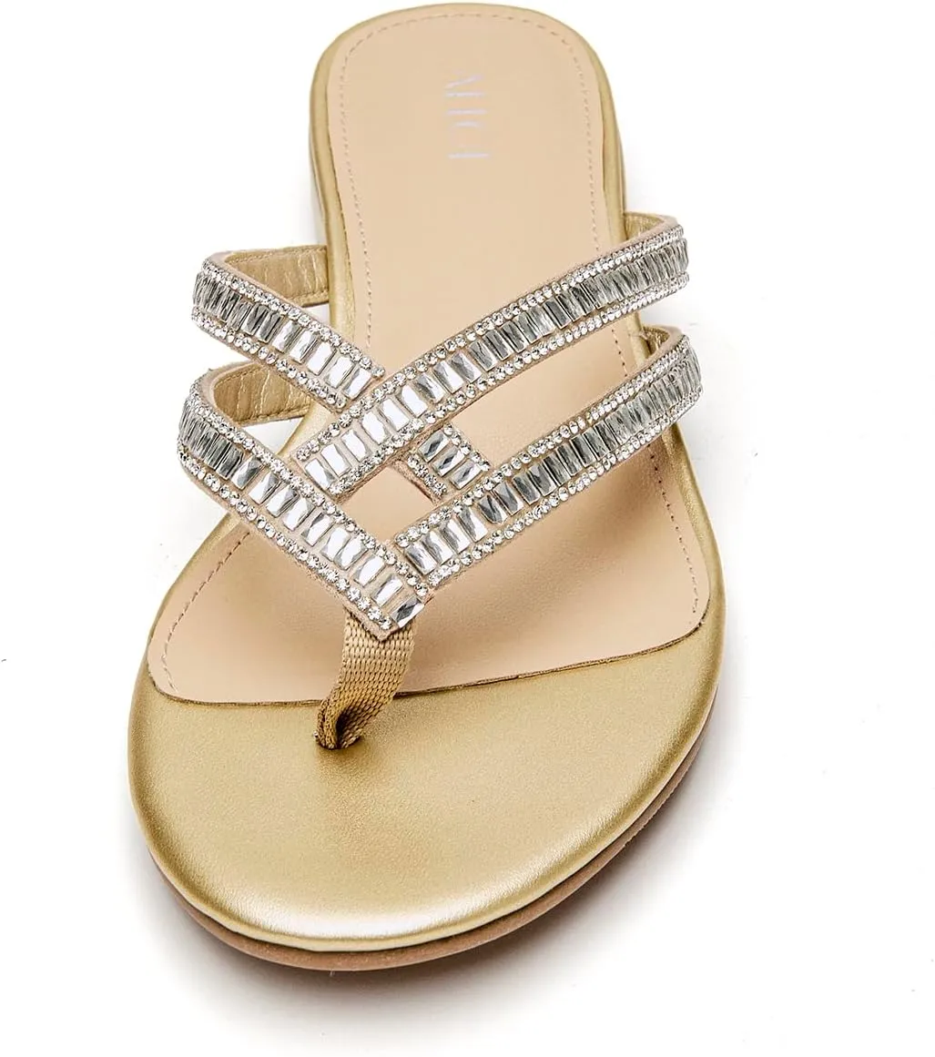 ALLOT Women's Rhinestone Flip Flops Fashion T-strap Flat Sandals Cross Straps Dressy Summer Slip On Open Toe Slides