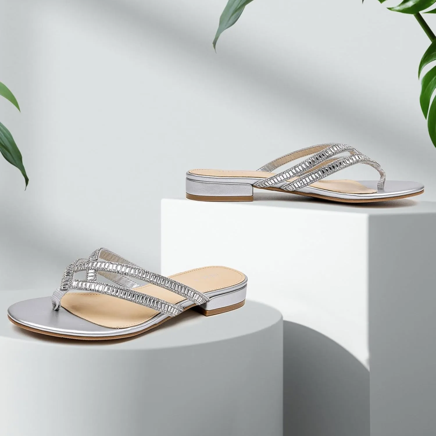 ALLOT Women's Rhinestone Flip Flops Fashion T-strap Flat Sandals Cross Straps Dressy Summer Slip On Open Toe Slides