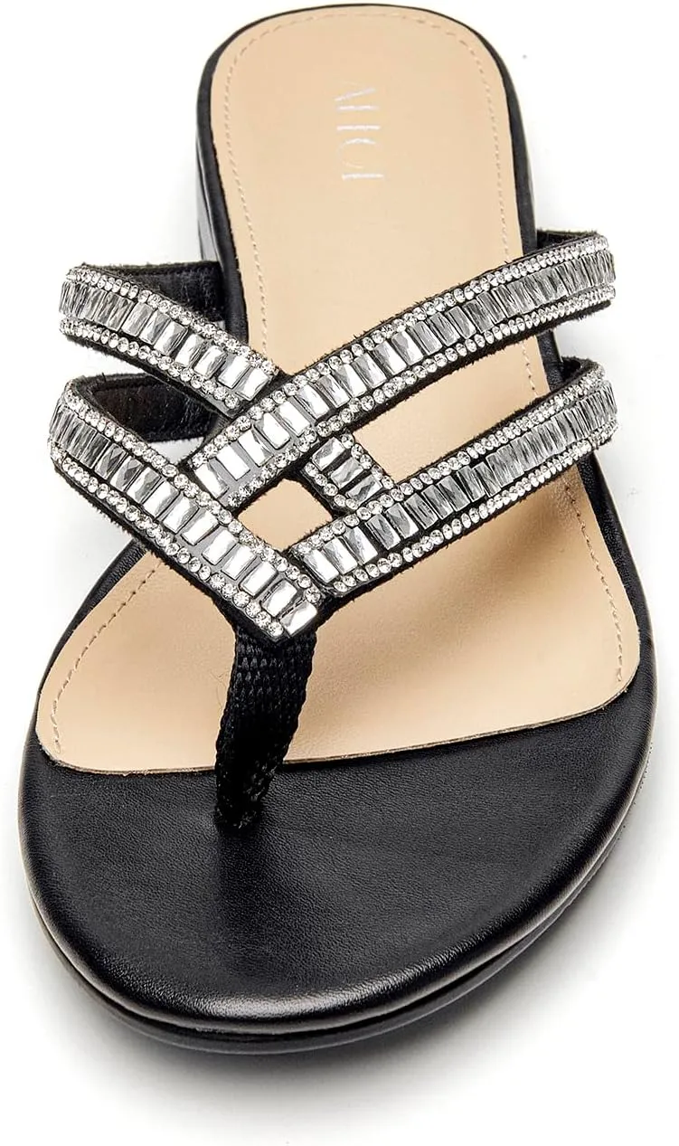 ALLOT Women's Rhinestone Flip Flops Fashion T-strap Flat Sandals Cross Straps Dressy Summer Slip On Open Toe Slides