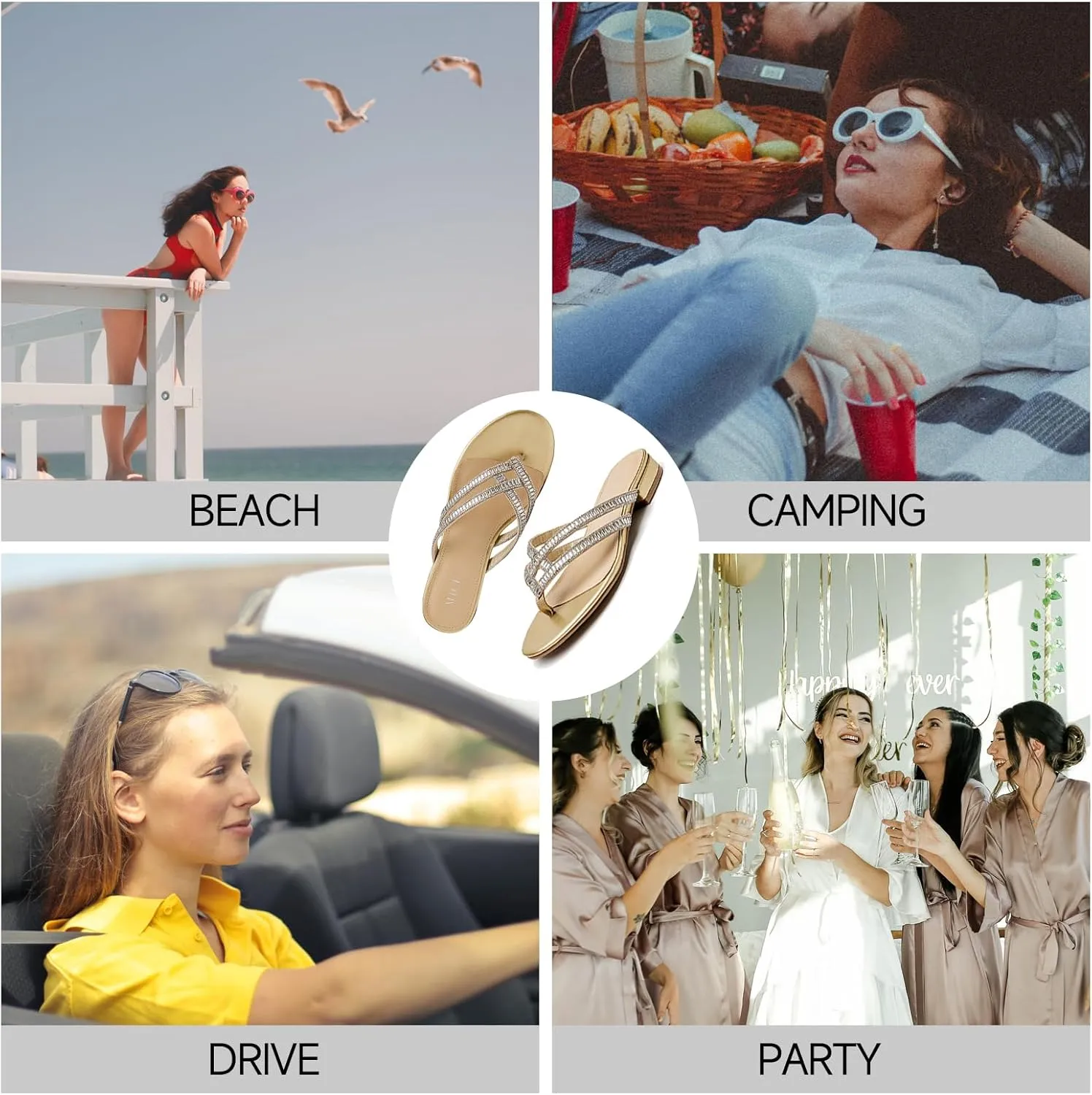 ALLOT Women's Rhinestone Flip Flops Fashion T-strap Flat Sandals Cross Straps Dressy Summer Slip On Open Toe Slides