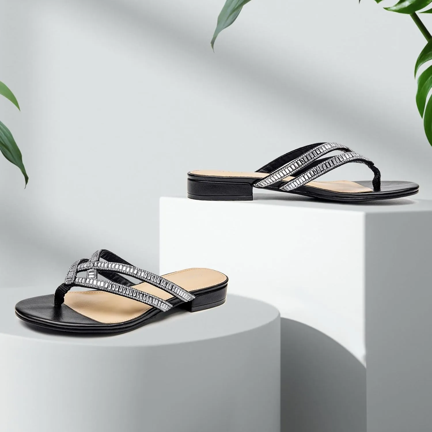 ALLOT Women's Rhinestone Flip Flops Fashion T-strap Flat Sandals Cross Straps Dressy Summer Slip On Open Toe Slides