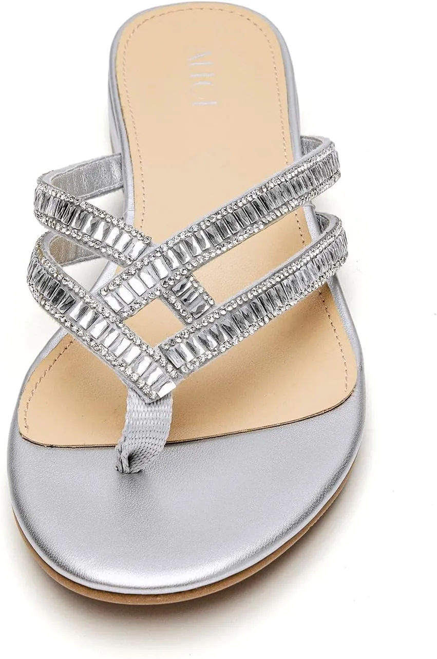 ALLOT Women's Rhinestone Flip Flops Fashion T-strap Flat Sandals Cross Straps Dressy Summer Slip On Open Toe Slides
