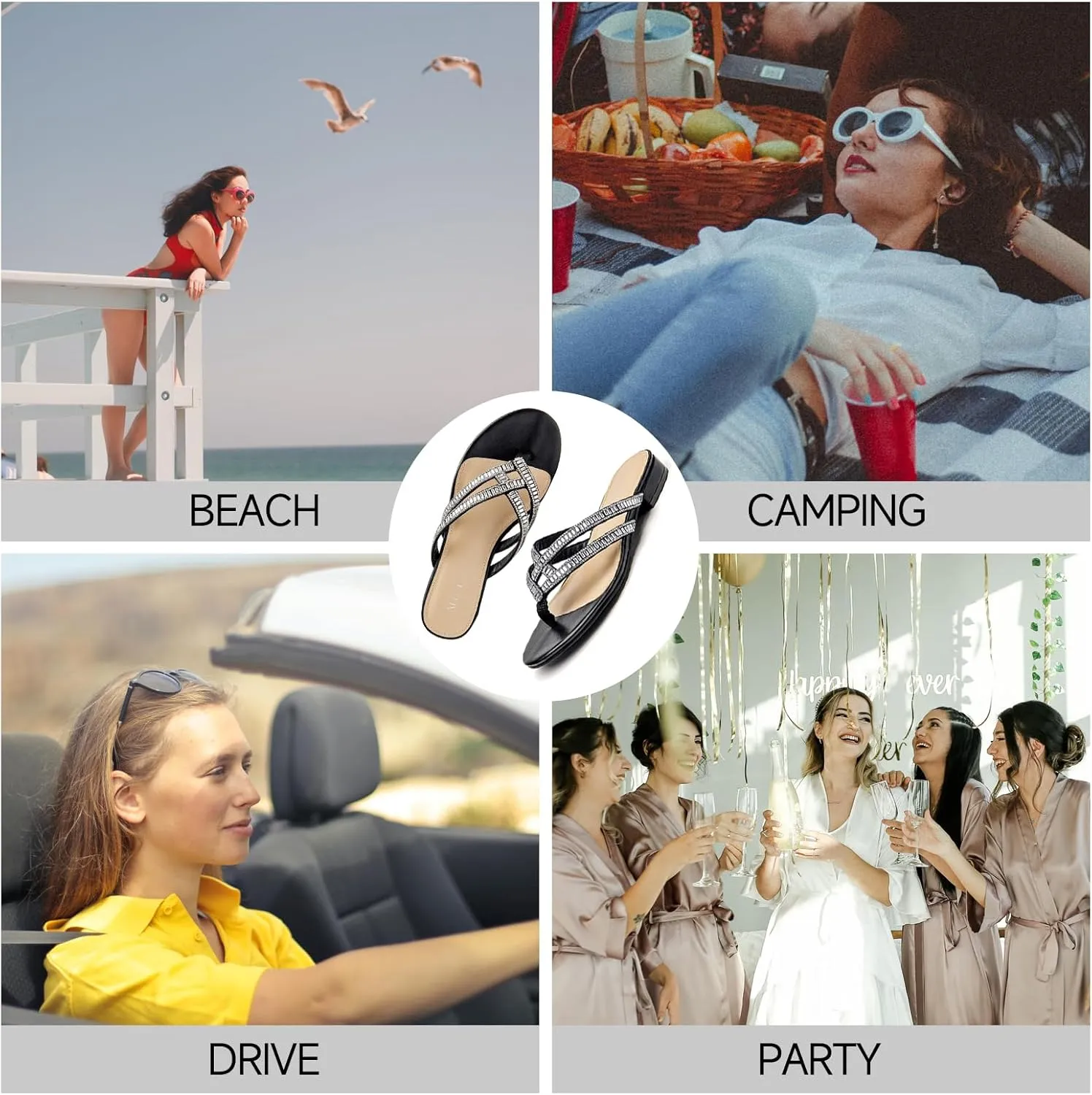 ALLOT Women's Rhinestone Flip Flops Fashion T-strap Flat Sandals Cross Straps Dressy Summer Slip On Open Toe Slides