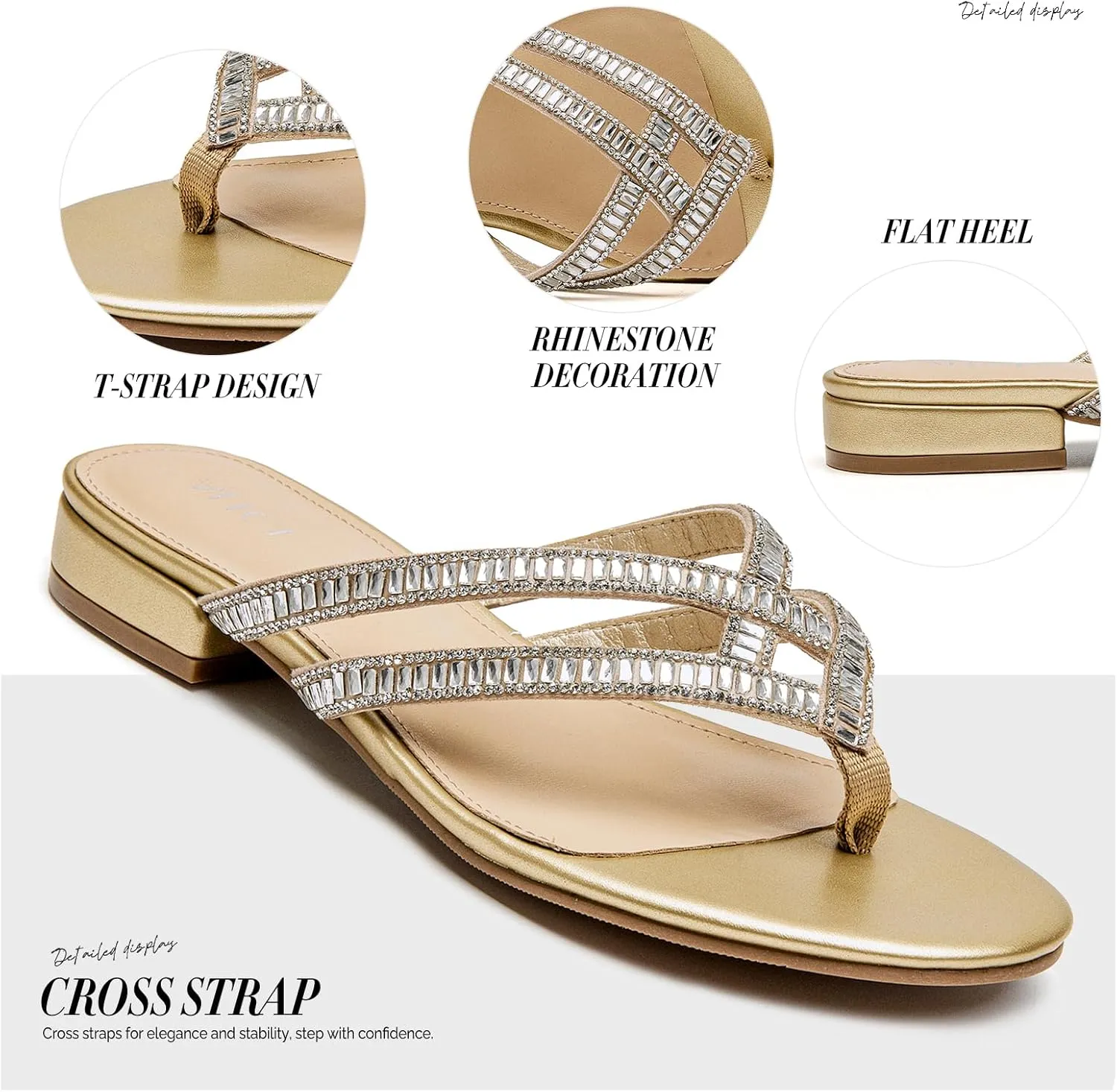ALLOT Women's Rhinestone Flip Flops Fashion T-strap Flat Sandals Cross Straps Dressy Summer Slip On Open Toe Slides