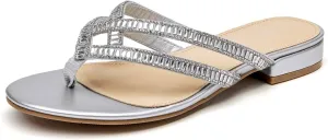 ALLOT Women's Rhinestone Flip Flops Fashion T-strap Flat Sandals Cross Straps Dressy Summer Slip On Open Toe Slides