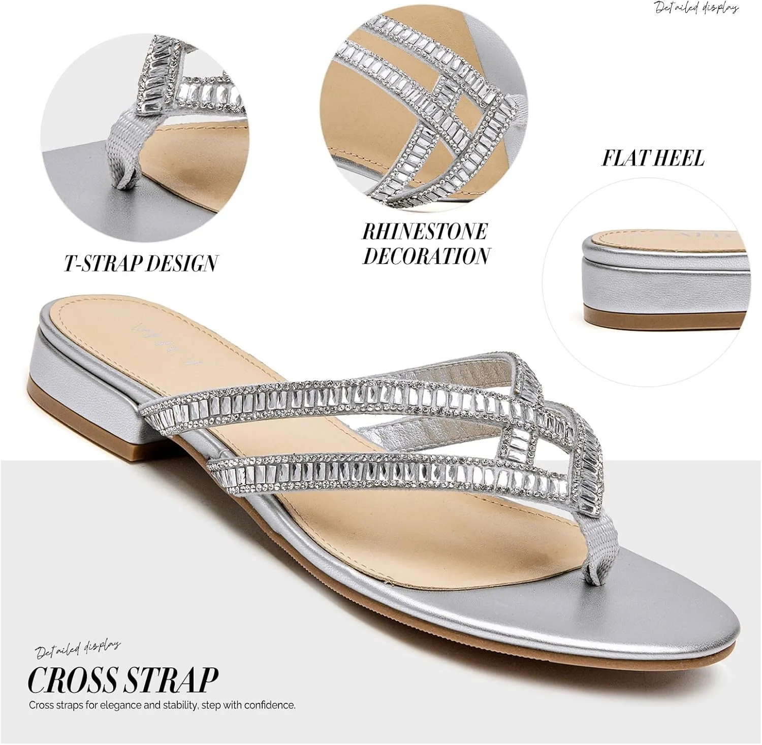 ALLOT Women's Rhinestone Flip Flops Fashion T-strap Flat Sandals Cross Straps Dressy Summer Slip On Open Toe Slides