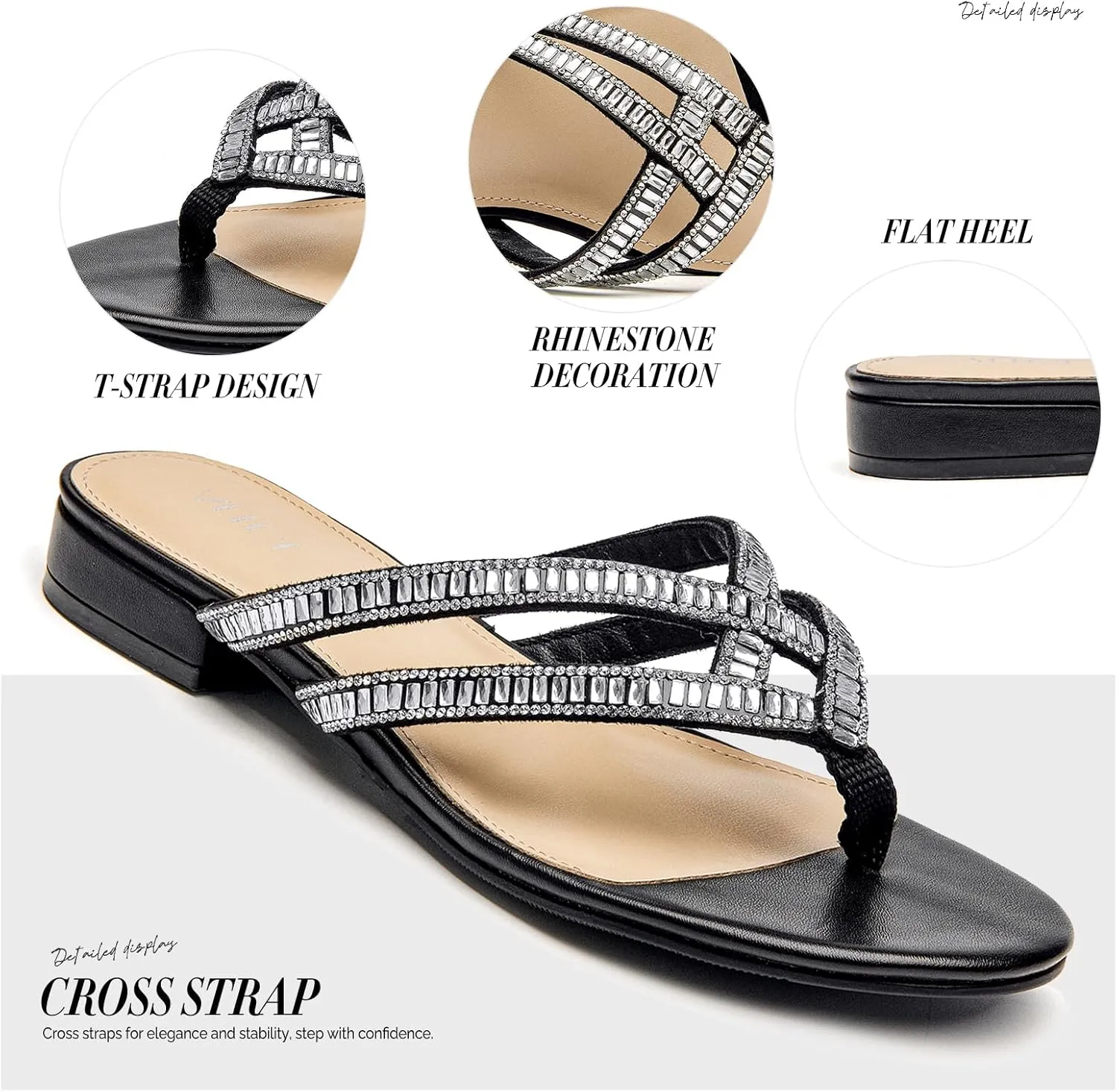 ALLOT Women's Rhinestone Flip Flops Fashion T-strap Flat Sandals Cross Straps Dressy Summer Slip On Open Toe Slides