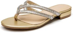 ALLOT Women's Rhinestone Flip Flops Fashion T-strap Flat Sandals Cross Straps Dressy Summer Slip On Open Toe Slides