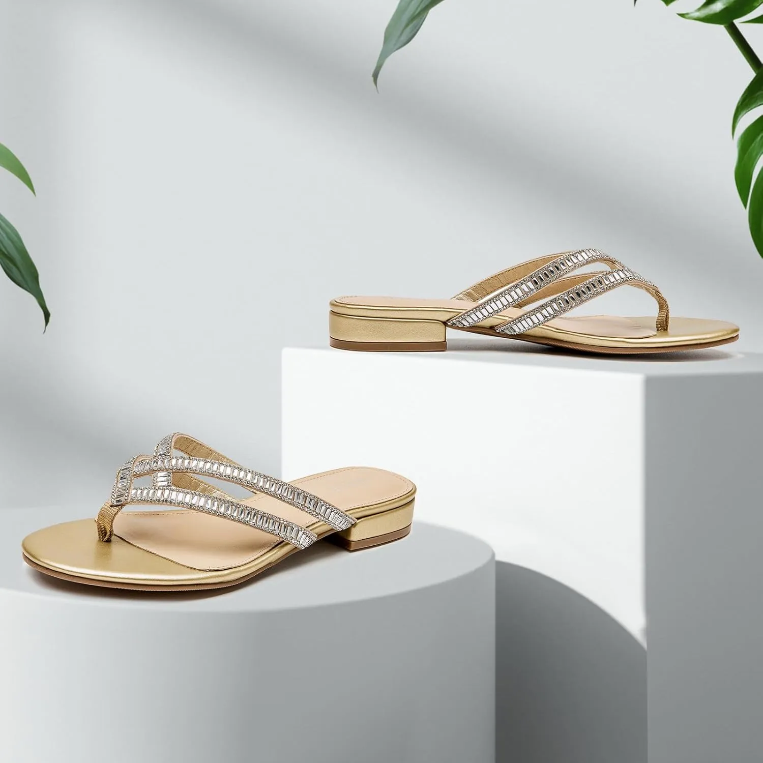 ALLOT Women's Rhinestone Flip Flops Fashion T-strap Flat Sandals Cross Straps Dressy Summer Slip On Open Toe Slides