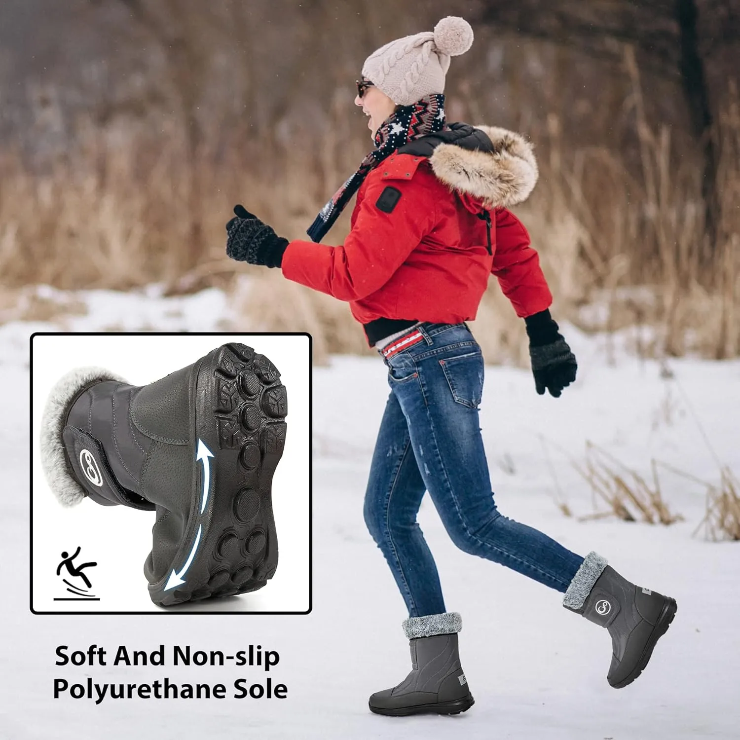 Almusen Snow Boots for Womens Winter Shoes: Warm Fur Lining Mid Calf Boots Women Anti Slip Waterproof Hook Loop Comfortable Outdoor Boot