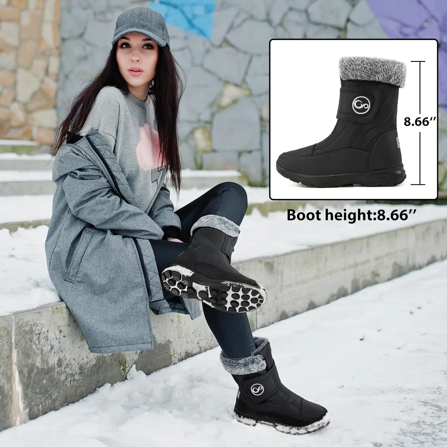 Almusen Snow Boots for Womens Winter Shoes: Warm Fur Lining Mid Calf Boots Women Anti Slip Waterproof Hook Loop Comfortable Outdoor Boot