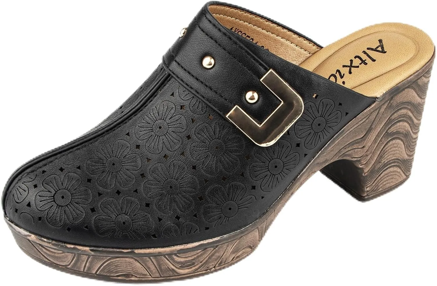 Altxic Women's Hollow Out Low Block Chunky Heels Comfy Slip On Wood Grain Open Back Mule Clogs