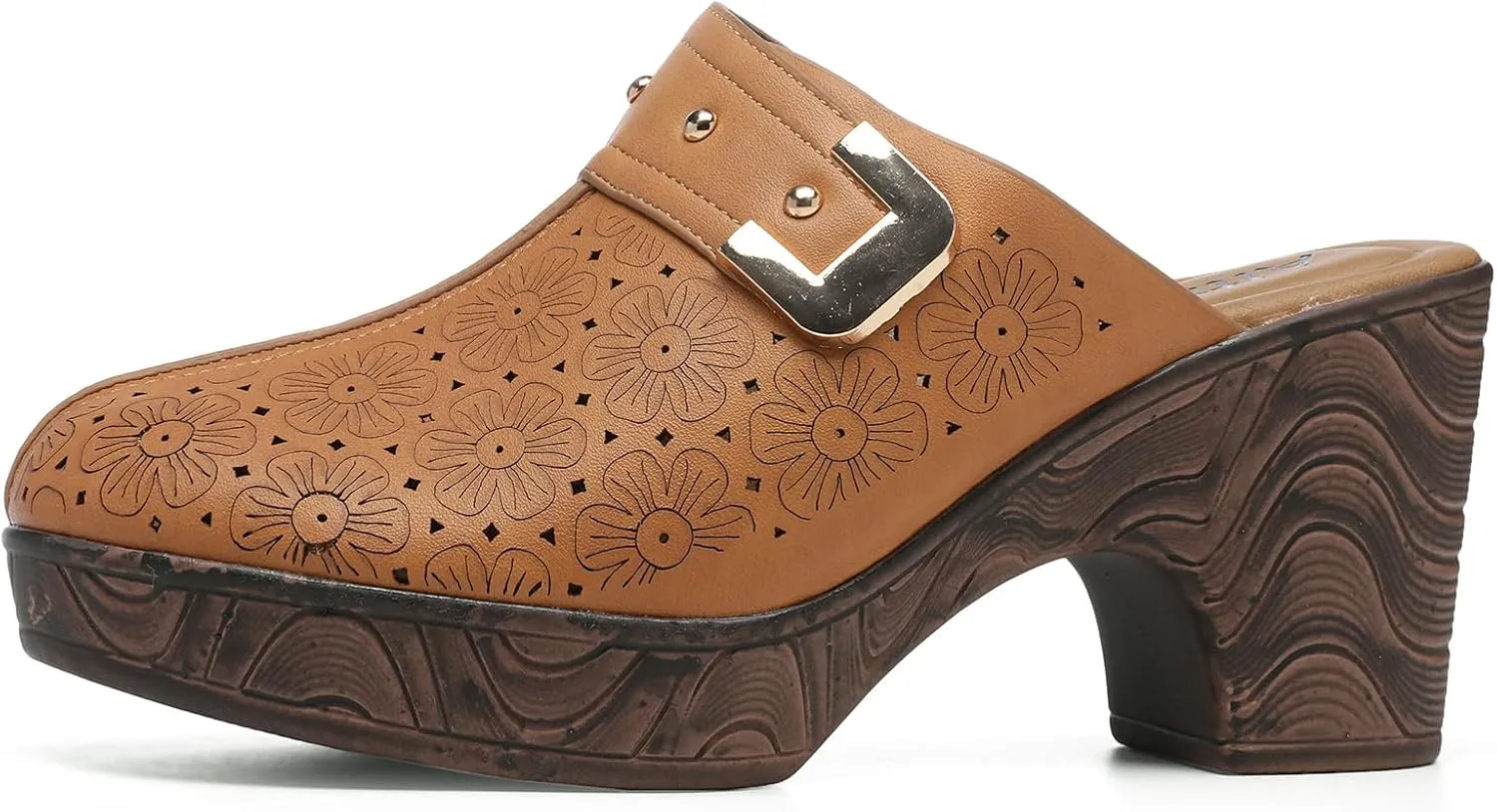 Altxic Women's Hollow Out Low Block Chunky Heels Comfy Slip On Wood Grain Open Back Mule Clogs