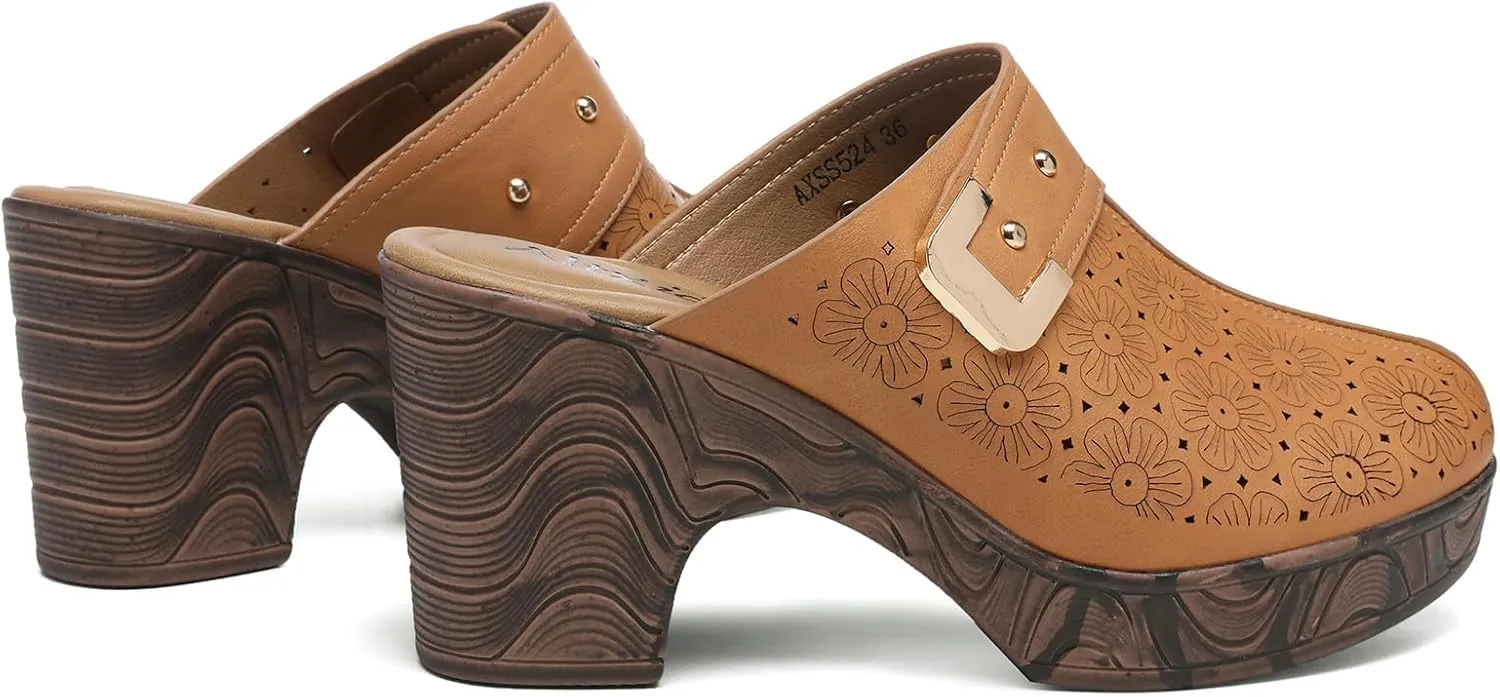 Altxic Women's Hollow Out Low Block Chunky Heels Comfy Slip On Wood Grain Open Back Mule Clogs