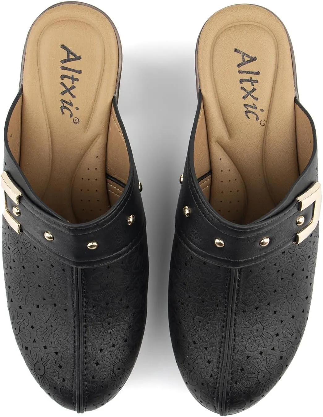 Altxic Women's Hollow Out Low Block Chunky Heels Comfy Slip On Wood Grain Open Back Mule Clogs