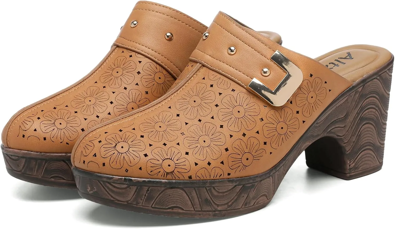 Altxic Women's Hollow Out Low Block Chunky Heels Comfy Slip On Wood Grain Open Back Mule Clogs