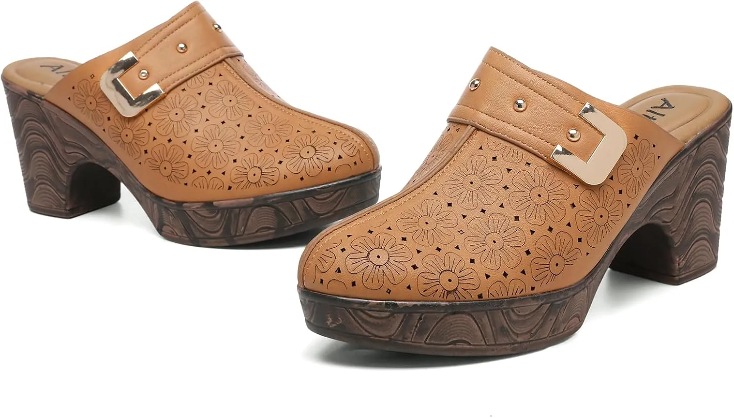 Altxic Women's Hollow Out Low Block Chunky Heels Comfy Slip On Wood Grain Open Back Mule Clogs