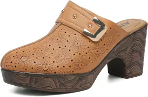 Altxic Women's Hollow Out Low Block Chunky Heels Comfy Slip On Wood Grain Open Back Mule Clogs