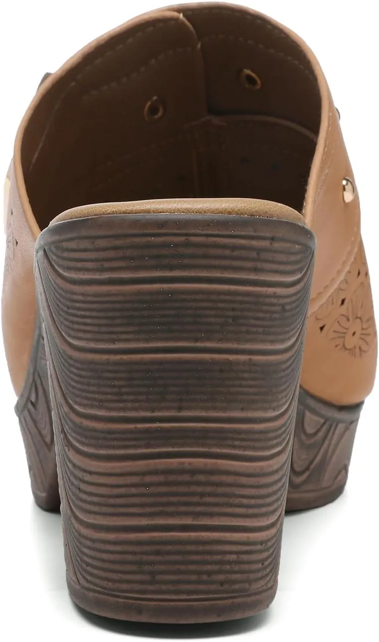 Altxic Women's Hollow Out Low Block Chunky Heels Comfy Slip On Wood Grain Open Back Mule Clogs