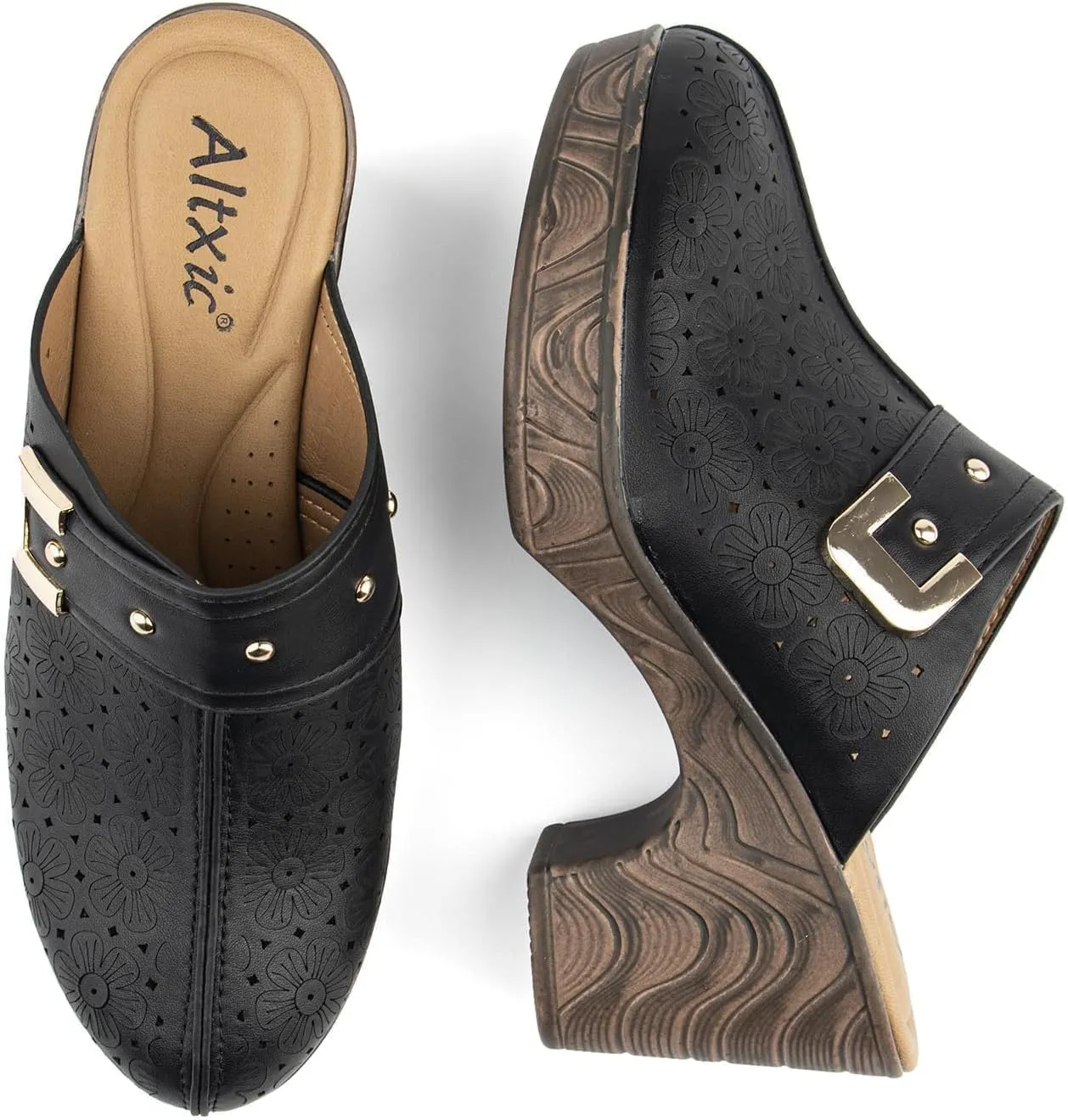 Altxic Women's Hollow Out Low Block Chunky Heels Comfy Slip On Wood Grain Open Back Mule Clogs