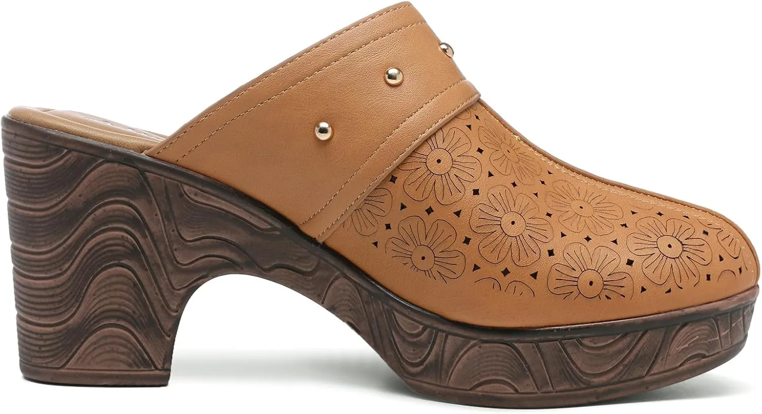 Altxic Women's Hollow Out Low Block Chunky Heels Comfy Slip On Wood Grain Open Back Mule Clogs