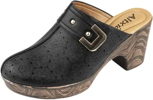 Altxic Women's Hollow Out Low Block Chunky Heels Comfy Slip On Wood Grain Open Back Mule Clogs