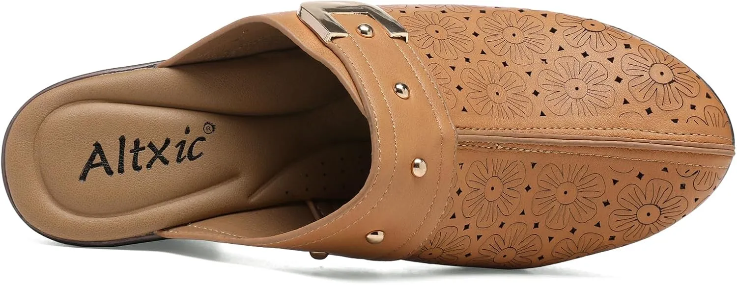 Altxic Women's Hollow Out Low Block Chunky Heels Comfy Slip On Wood Grain Open Back Mule Clogs