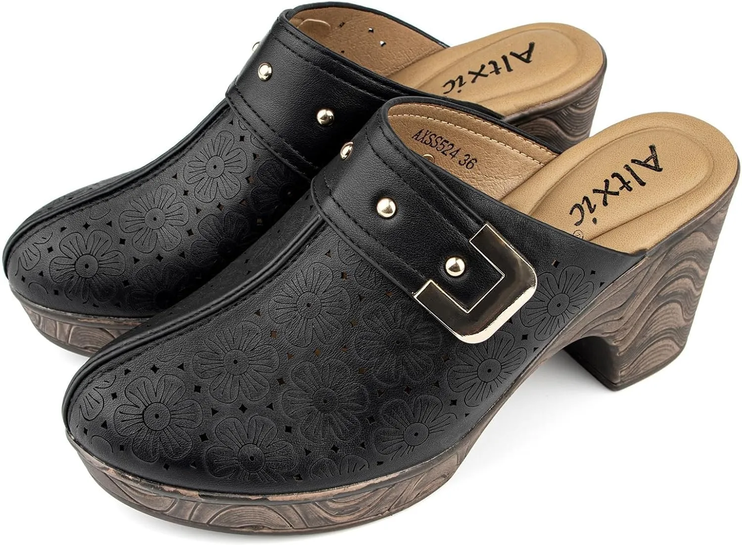Altxic Women's Hollow Out Low Block Chunky Heels Comfy Slip On Wood Grain Open Back Mule Clogs