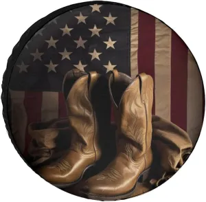 American Flag with Cowboy Boots Spare Tire Cover Weatherproof Wheel Cover Waterproof Dust-Proof Wheel Protectors Fits Tire Diameters 24-36 Inches Universal Tire Covers for Trailers Rv Camper Suv Truck