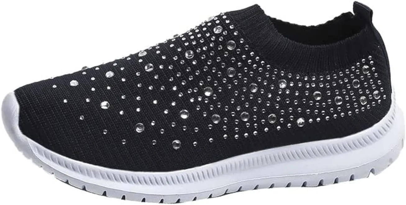 AngryMonkey Women's Rhinestones Mesh Sport Slip-on Shoes,Non Slip Good Arch Breathable Lightweight Casual Sock Sneaker Nurse Shoes