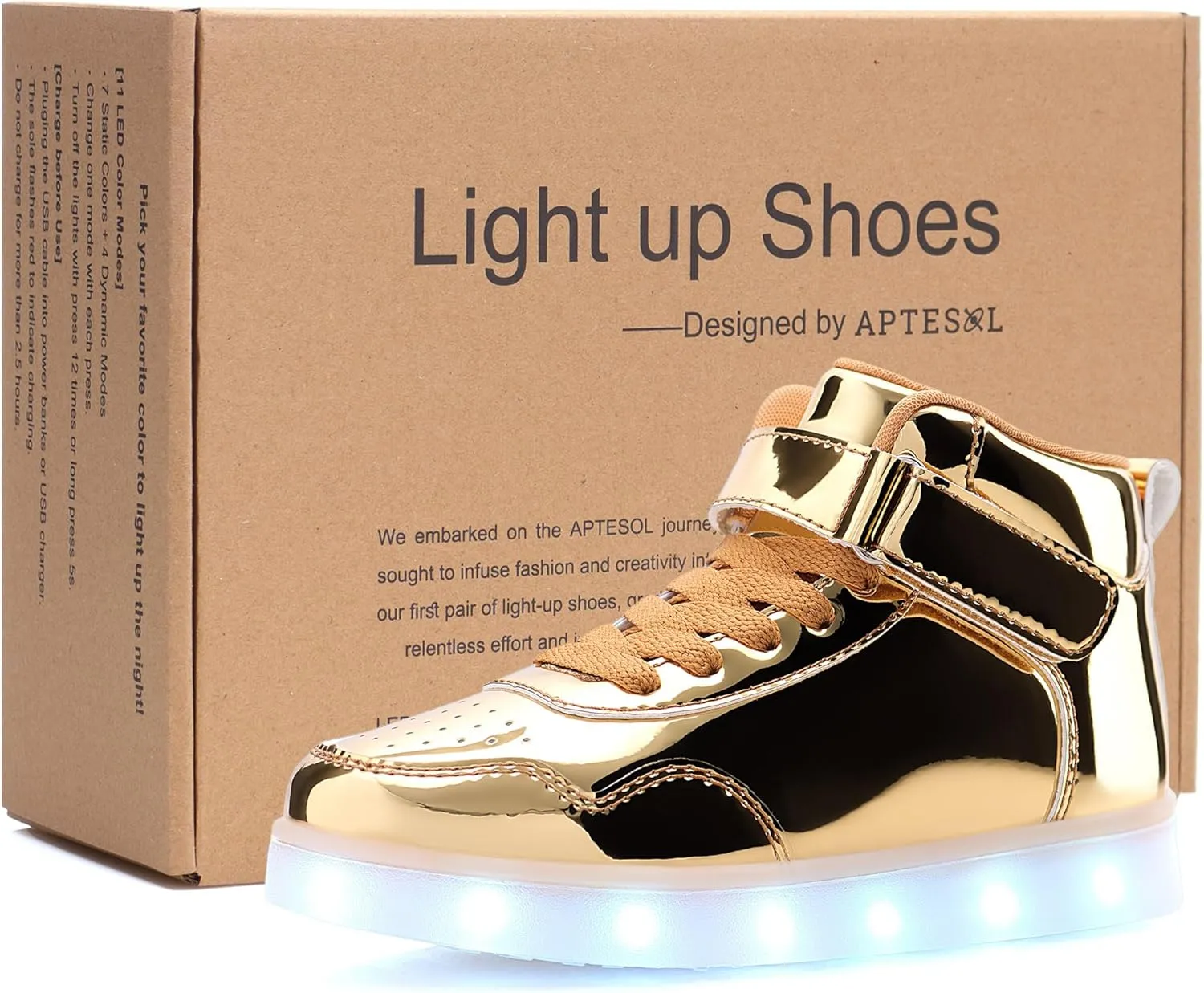 APTESOL Kids LED Light Up Shoes with Adjustable Hook & Loop - Rechargeable High Top Flashing Sparkly Luminous Glowing Sneakers, Cool Adorable Light-Up Tenis for Boys Girls