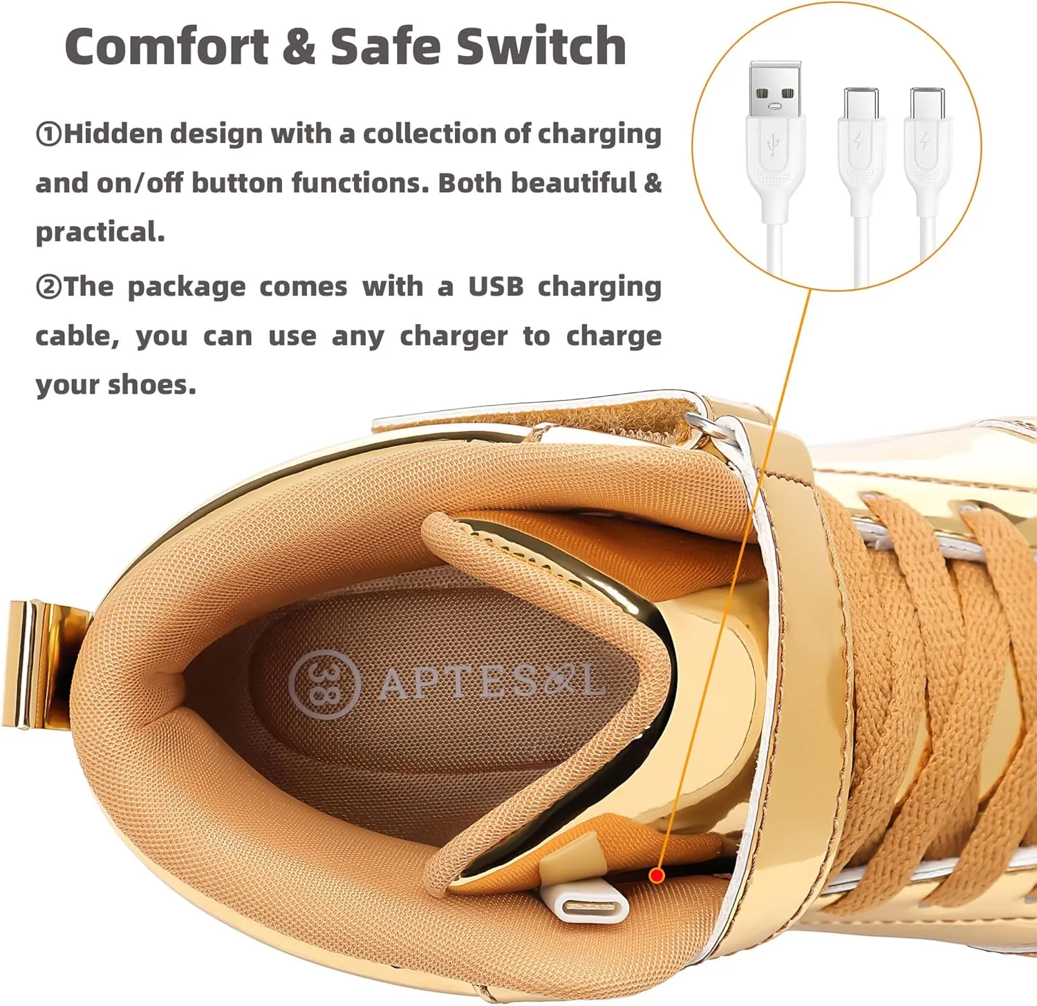 APTESOL Kids LED Light Up Shoes with Adjustable Hook & Loop - Rechargeable High Top Flashing Sparkly Luminous Glowing Sneakers, Cool Adorable Light-Up Tenis for Boys Girls