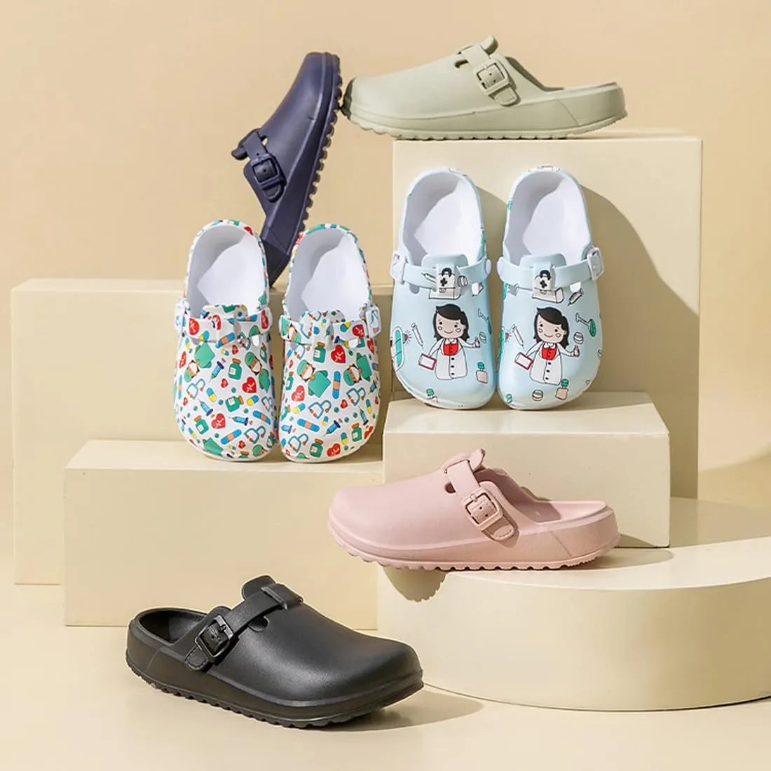 Arch Support Nurse Clogs for Women and Men, Adjustable Buckle Mules Non Slip Work Shoes Chef Garden Sandals, Slip-On Cushion Slippers Slides