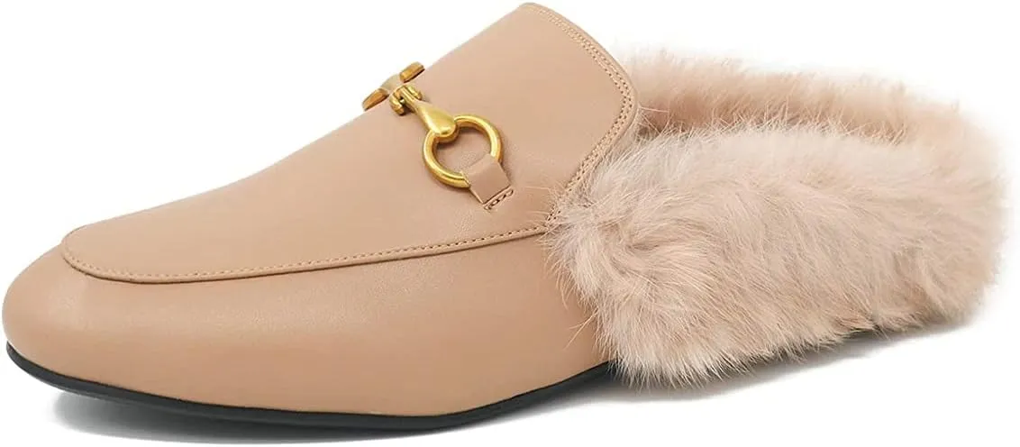 Arqa Fur Mules for Women Comfortable Leather Buckle Mule Flats Furry Padded Backless Loafers Casual Slides Shoes